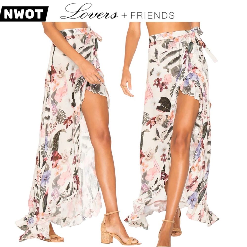 Lovers + Friends WAVES FOR DAYS Ivory Floral Ruffle Wrap Hi-Low Maxi Skirt, XS